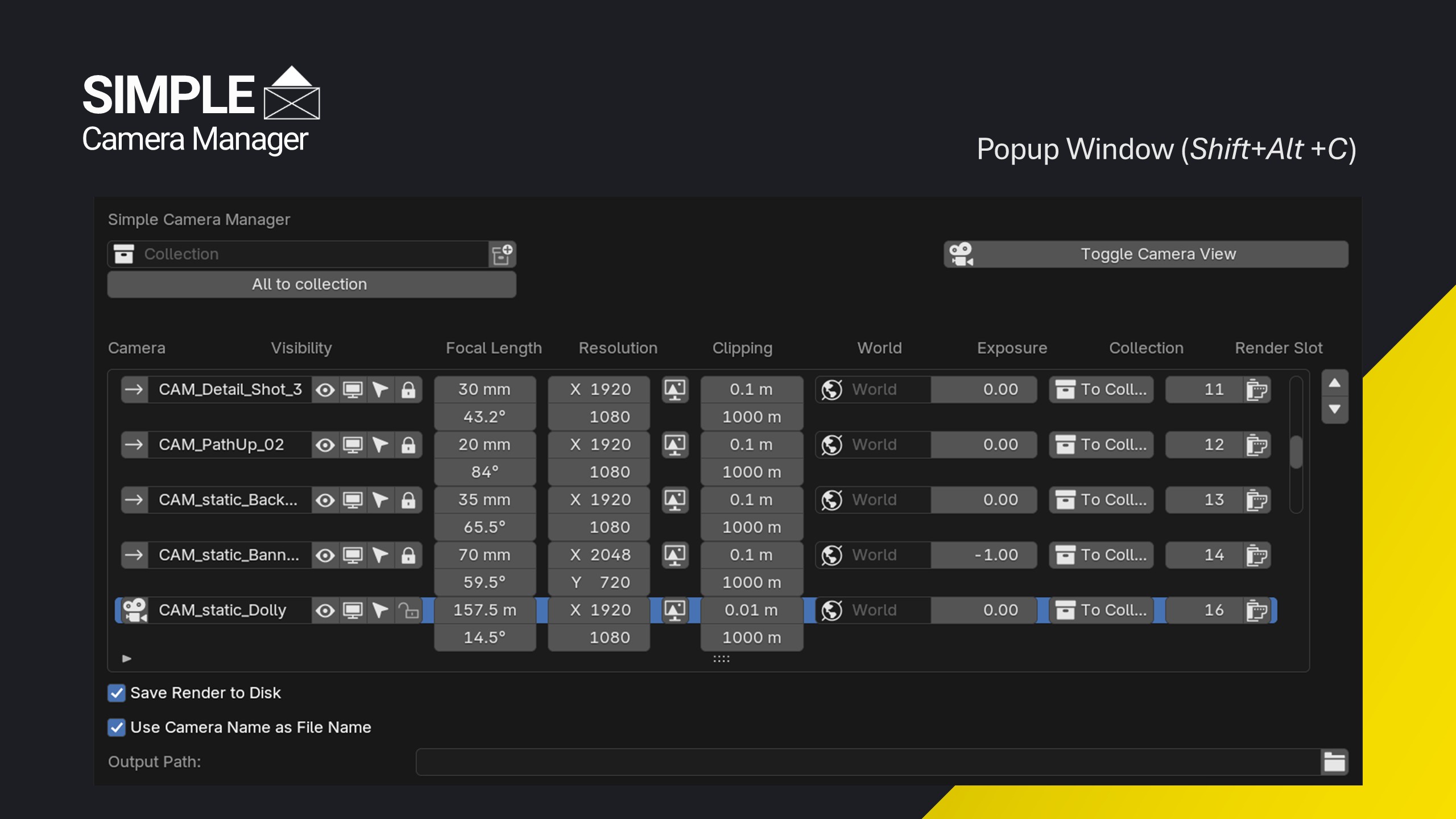 Simple Camera Manager popup panel showing every camera's settings in a spreadsheet-style table