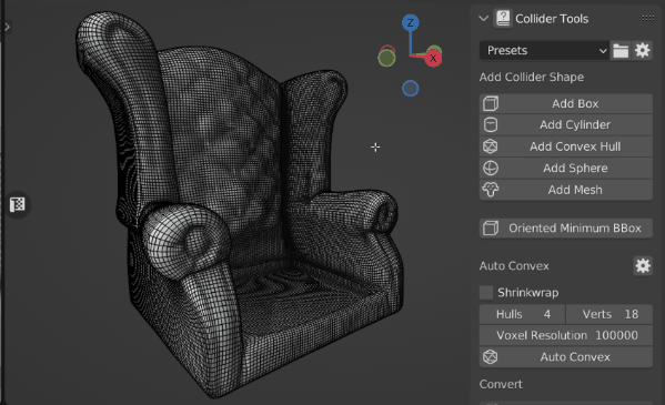 Animation showing Auto Convex collider decomposition based on an Edit Mode selection
