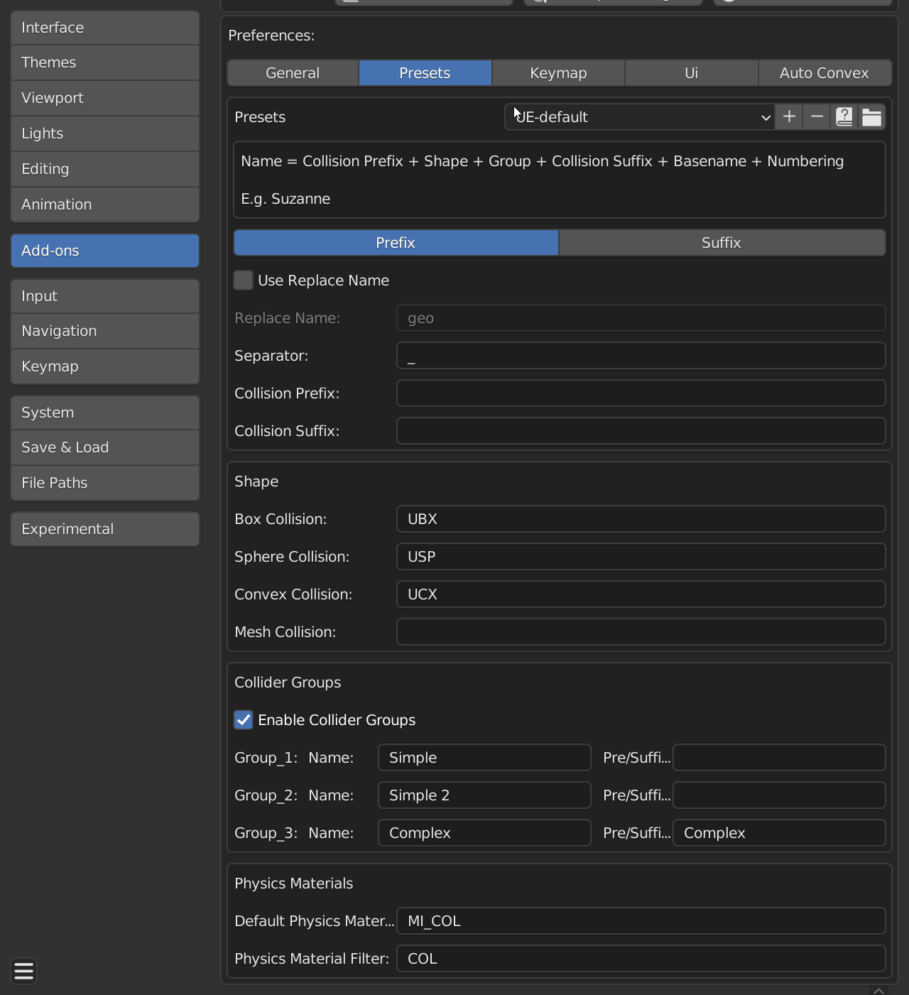 Animation showing creation and management of collider naming presets