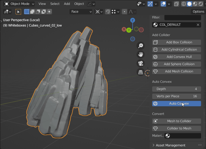 Auto Convex panel in Blender with Depth and Verts per Piece settings, generating convex colliders for a complex mesh