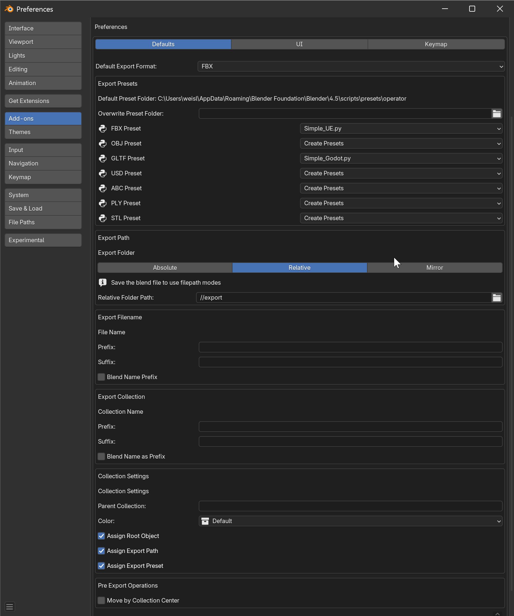 Image of the Simple Export Preferences