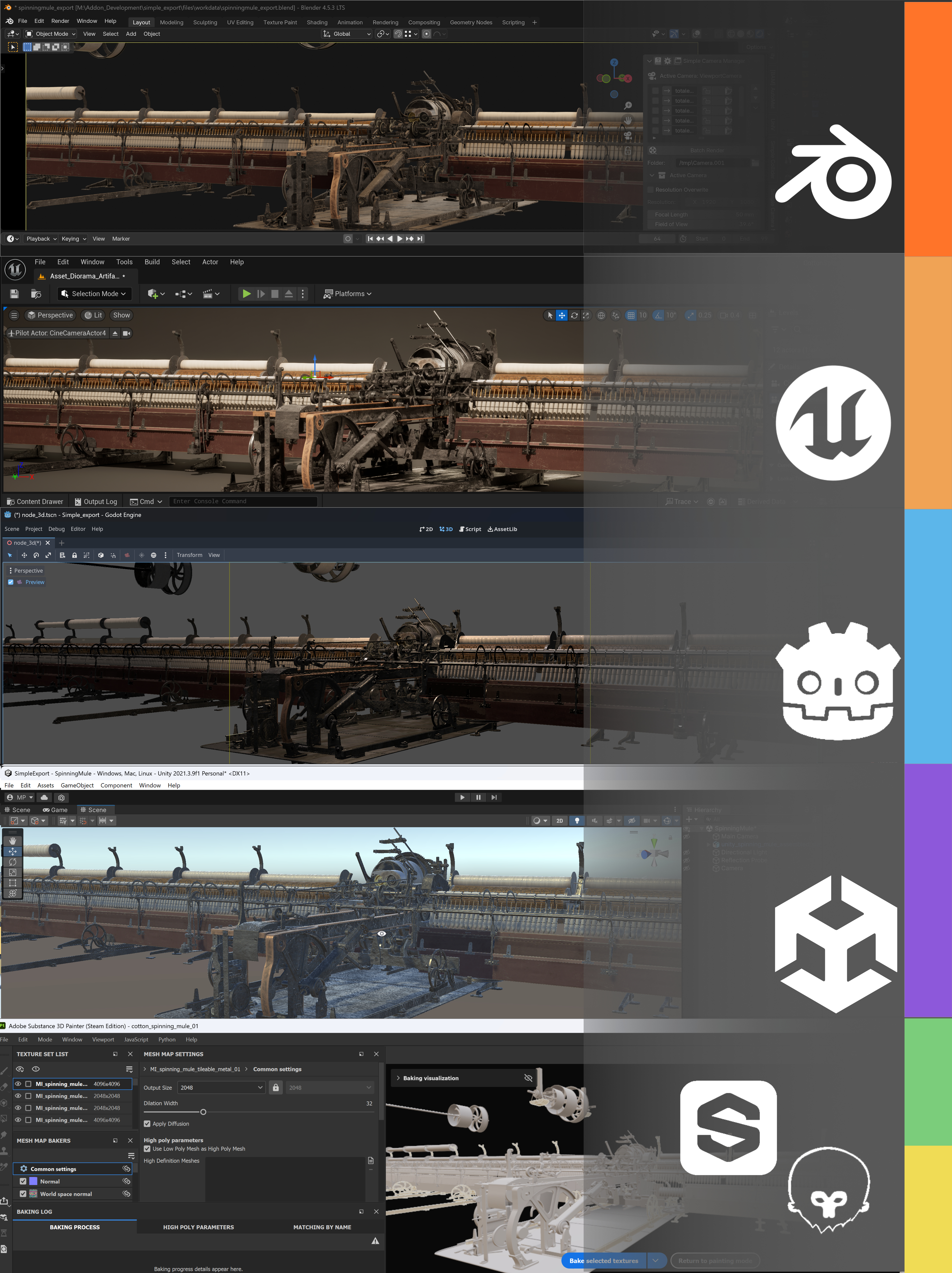 Simple Export preset options for Unreal, Unity, Godot, and baking workflows