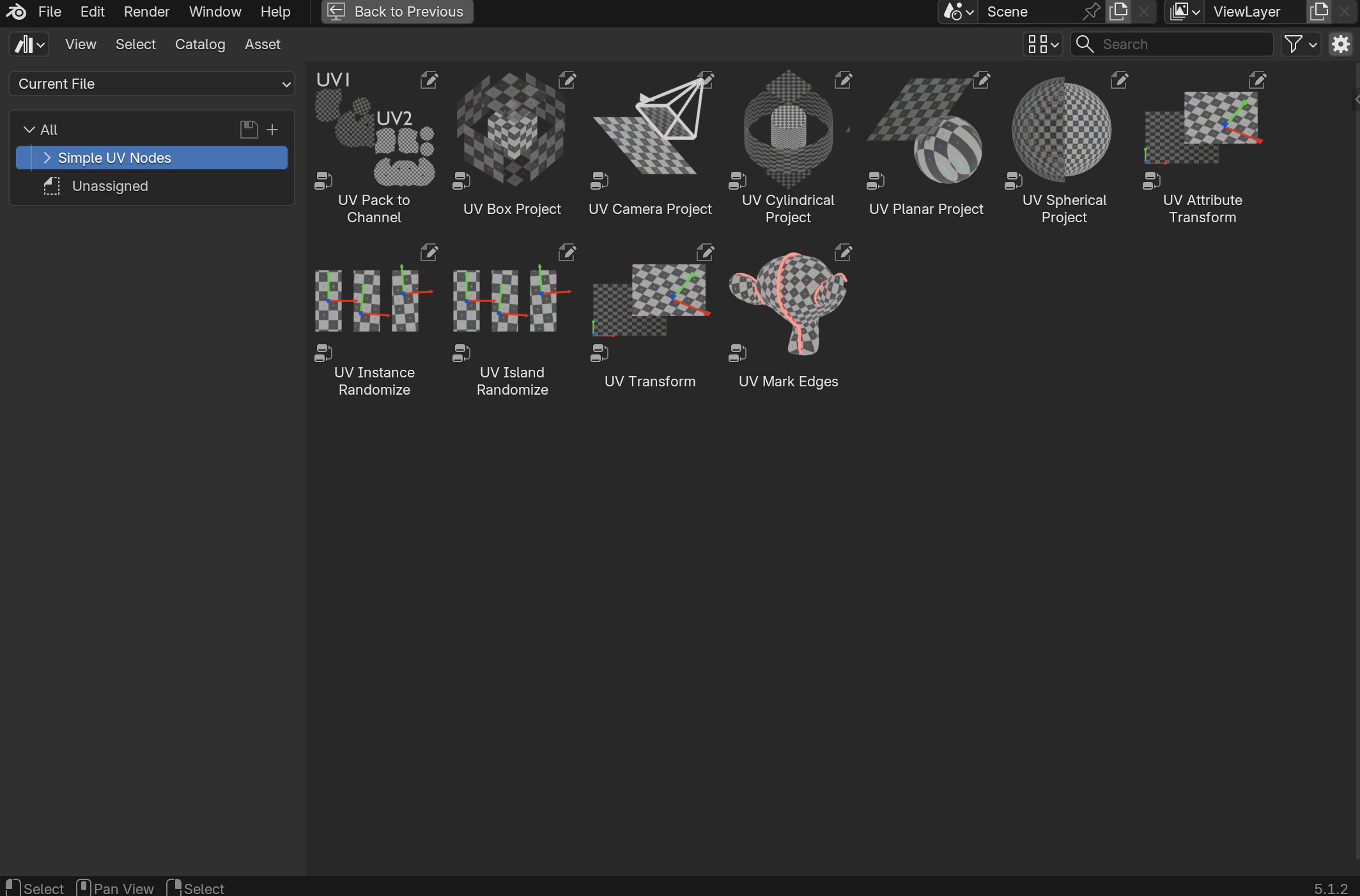 Blender Asset Browser showing all 11 Simple UV Nodes as drag-and-drop assets, each with a checker-pattern UV preview